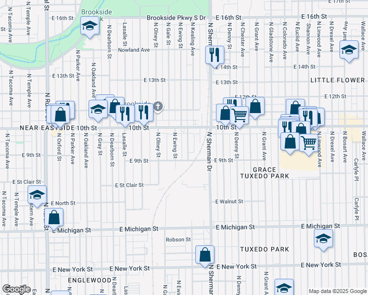 map of restaurants, bars, coffee shops, grocery stores, and more near 930 North Kealing Avenue in Indianapolis