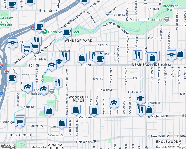 map of restaurants, bars, coffee shops, grocery stores, and more near 921 Tecumseh Street in Indianapolis