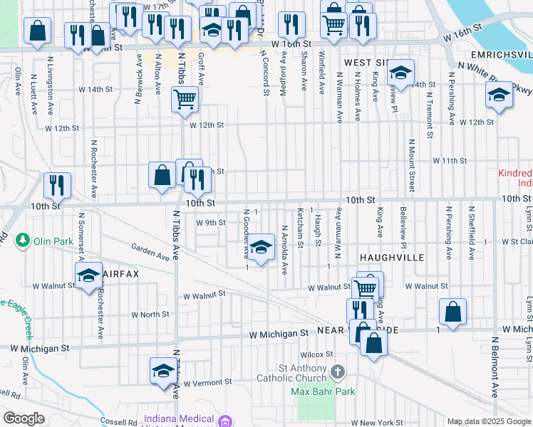 map of restaurants, bars, coffee shops, grocery stores, and more near 3114 West 9th Street in Indianapolis