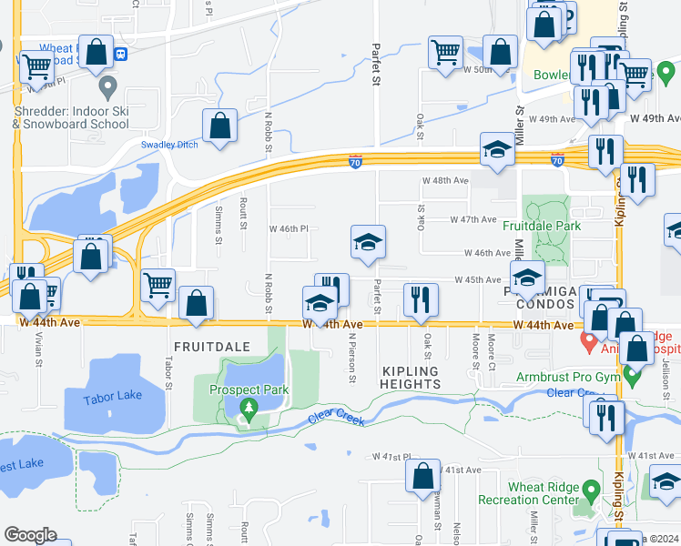 map of restaurants, bars, coffee shops, grocery stores, and more near 11127 West 45th Avenue in Wheat Ridge