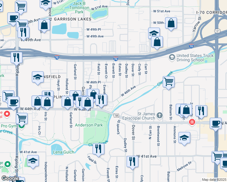 map of restaurants, bars, coffee shops, grocery stores, and more near 4564 Everett Street in Wheat Ridge
