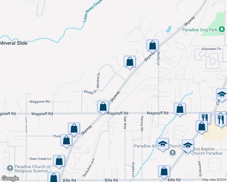map of restaurants, bars, coffee shops, grocery stores, and more near 8451 Skyway in Paradise