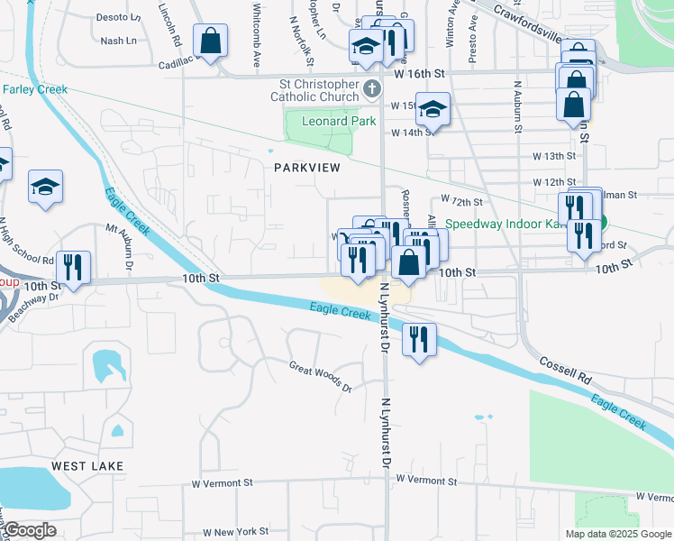 map of restaurants, bars, coffee shops, grocery stores, and more near 5384 West 10th Street in Indianapolis