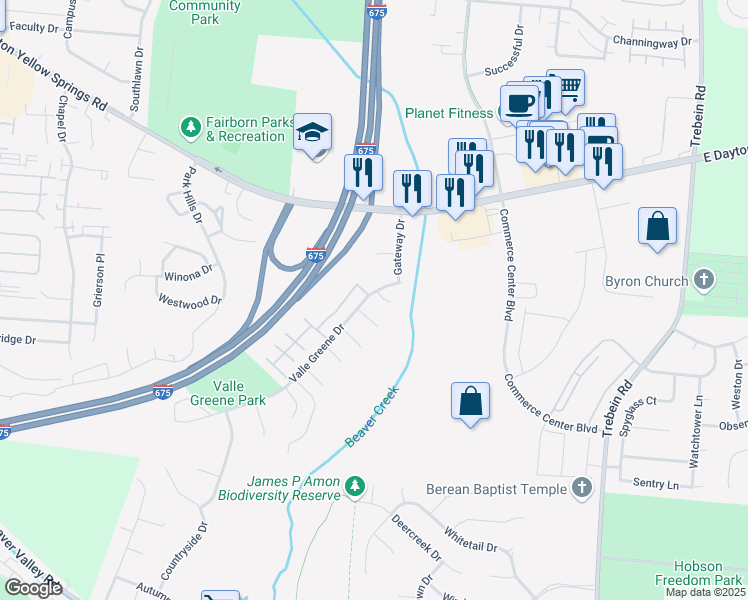 map of restaurants, bars, coffee shops, grocery stores, and more near 1004 Sandpiper Court in Fairborn