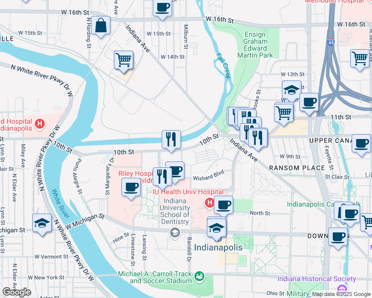 map of restaurants, bars, coffee shops, grocery stores, and more near West 10th Street in Indianapolis