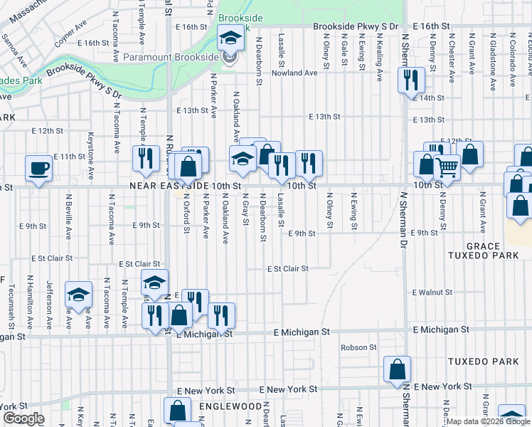 map of restaurants, bars, coffee shops, grocery stores, and more near 933 North Dearborn Street in Indianapolis