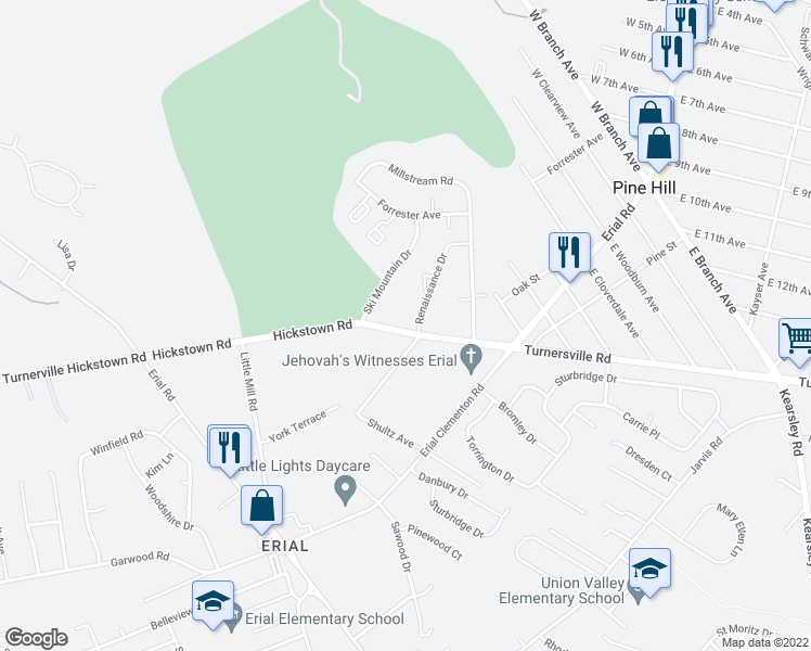 map of restaurants, bars, coffee shops, grocery stores, and more near 100 Hickstown Road in Pine Hill