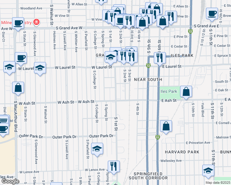 map of restaurants, bars, coffee shops, grocery stores, and more near 1917 South 1st Street in Springfield