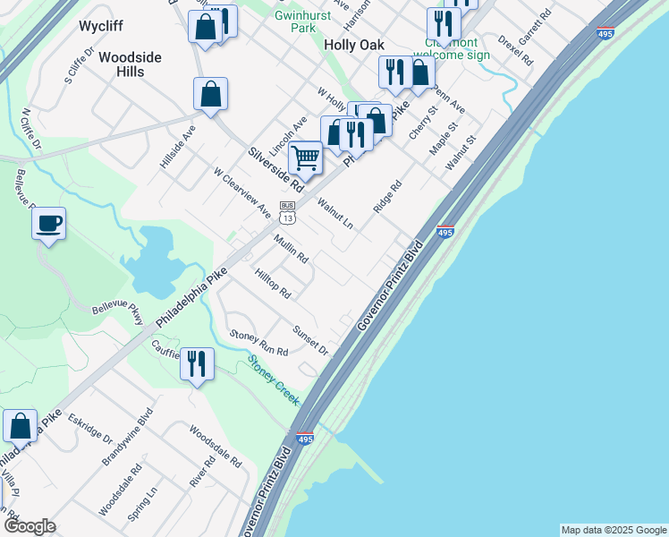 map of restaurants, bars, coffee shops, grocery stores, and more near 6703 Governor Printz Boulevard in Wilmington