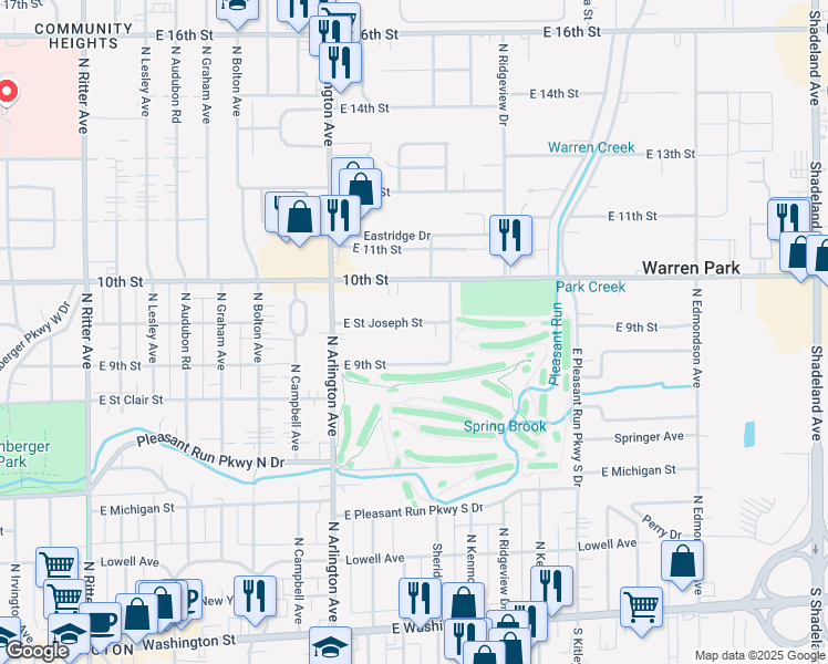 map of restaurants, bars, coffee shops, grocery stores, and more near 6109 East Saint Joseph Street in Indianapolis