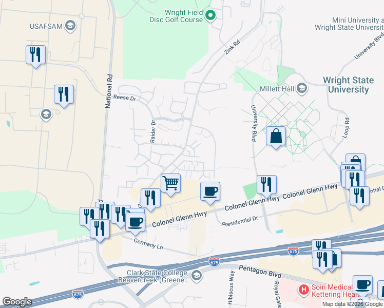 map of restaurants, bars, coffee shops, grocery stores, and more near 2385 Fieldstone Circle in Fairborn