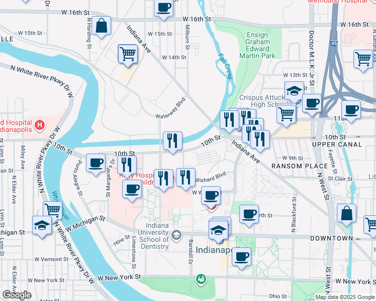 map of restaurants, bars, coffee shops, grocery stores, and more near 1112 West 10th Street in Indianapolis