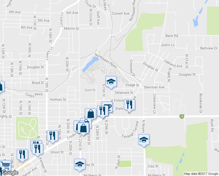 map of restaurants, bars, coffee shops, grocery stores, and more near 1418 North 26th Street in Saint Joseph