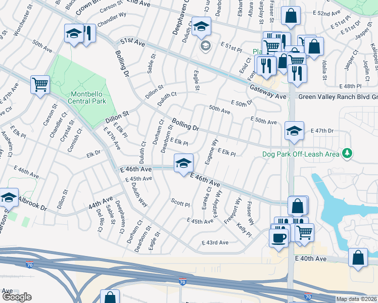 map of restaurants, bars, coffee shops, grocery stores, and more near 14833 East 47th Avenue in Denver