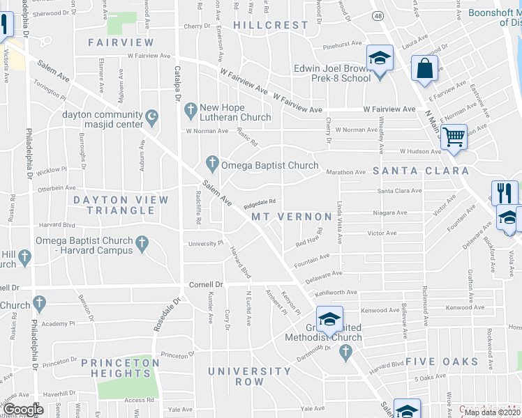 map of restaurants, bars, coffee shops, grocery stores, and more near 634 Ridgedale Road in Dayton