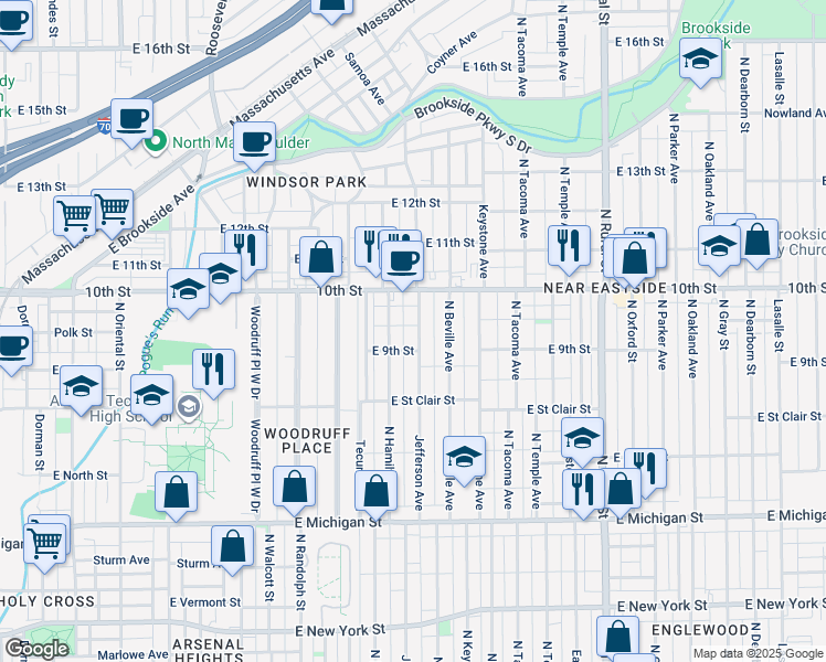 map of restaurants, bars, coffee shops, grocery stores, and more near 920 Jefferson Avenue in Indianapolis