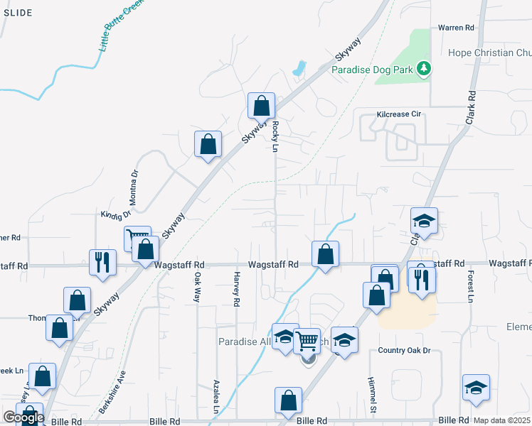 map of restaurants, bars, coffee shops, grocery stores, and more near 6481 Rocky Lane in Paradise