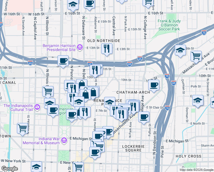 map of restaurants, bars, coffee shops, grocery stores, and more near Fort Wayne Ave & E St Joseph St in Indianapolis
