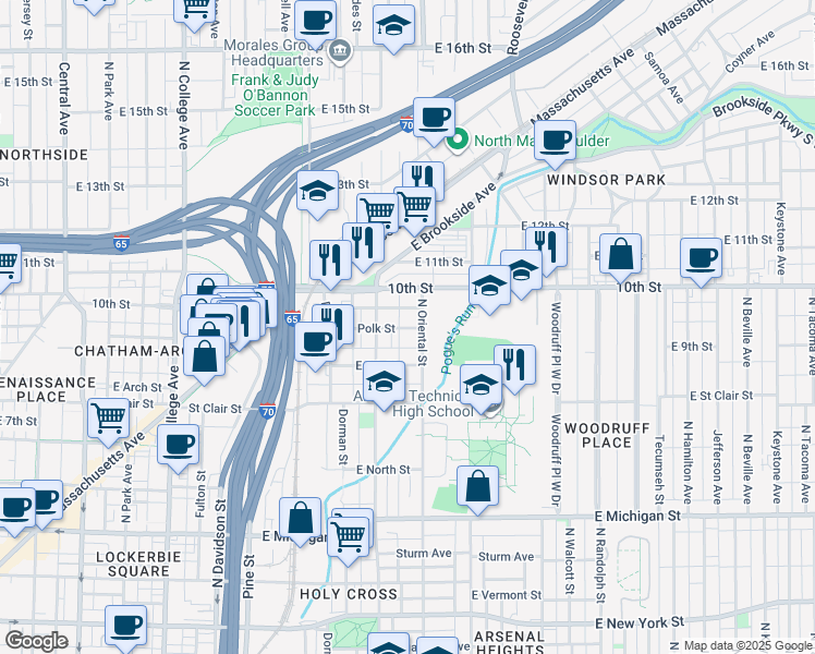map of restaurants, bars, coffee shops, grocery stores, and more near 1316 Polk Street in Indianapolis