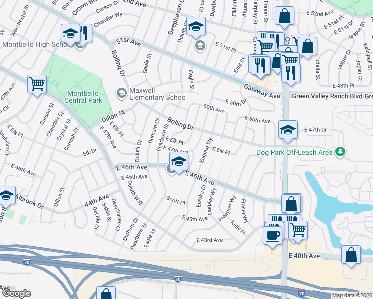 map of restaurants, bars, coffee shops, grocery stores, and more near 14833 East 47th Avenue in Denver