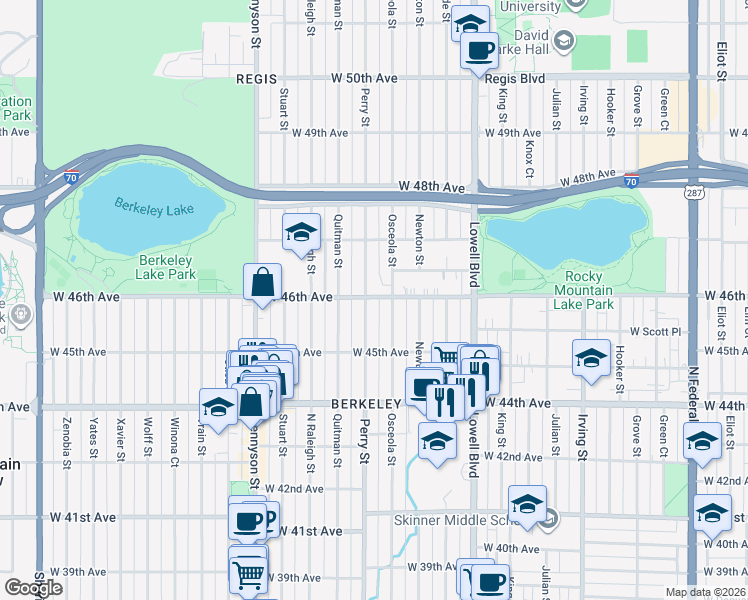 map of restaurants, bars, coffee shops, grocery stores, and more near 4596 Perry Street in Denver