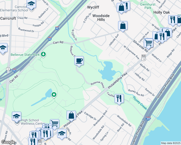 map of restaurants, bars, coffee shops, grocery stores, and more near 103 Bellevue Parkway in Wilmington