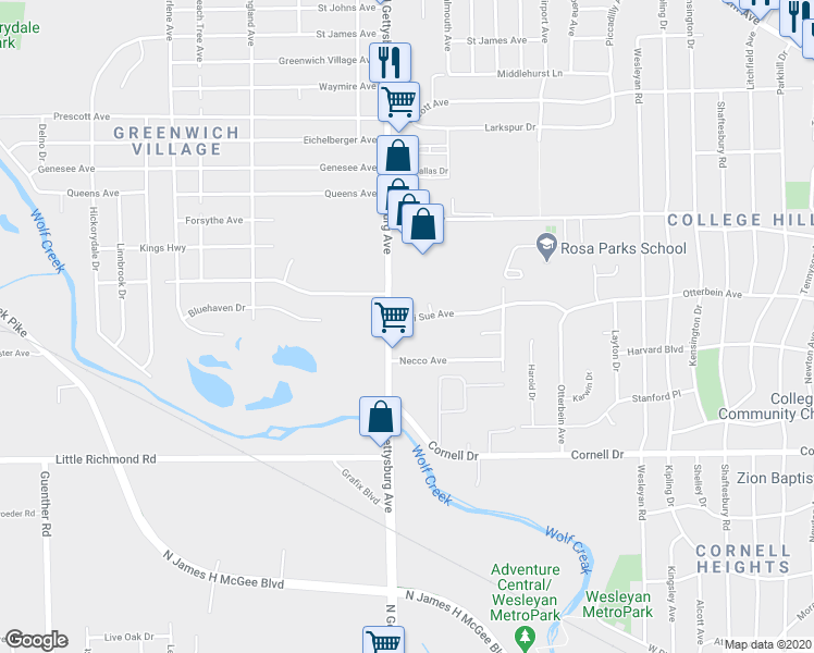 map of restaurants, bars, coffee shops, grocery stores, and more near 2080 North Gettysburg Avenue in Dayton