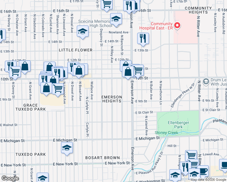 map of restaurants, bars, coffee shops, grocery stores, and more near in Indianapolis