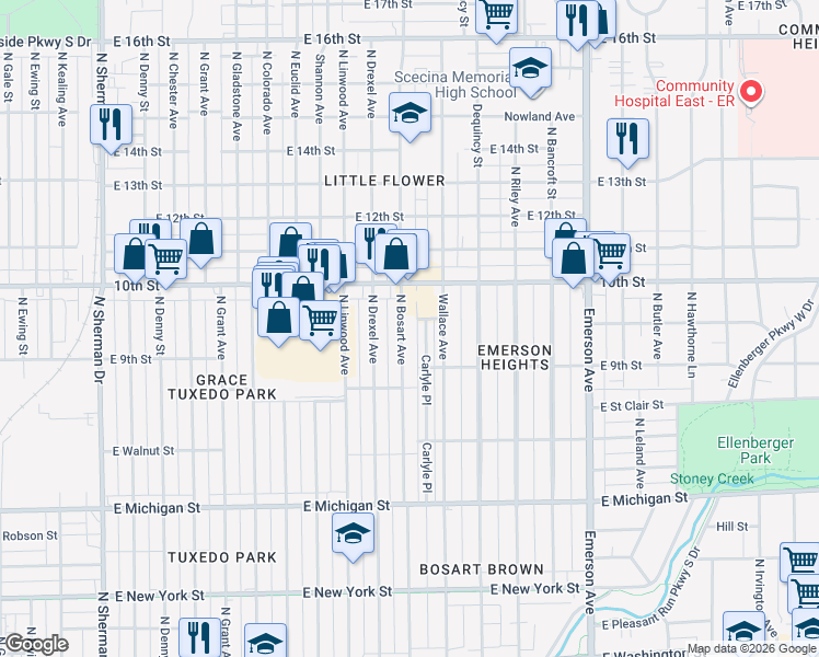 map of restaurants, bars, coffee shops, grocery stores, and more near 831 Carlyle Place in Indianapolis