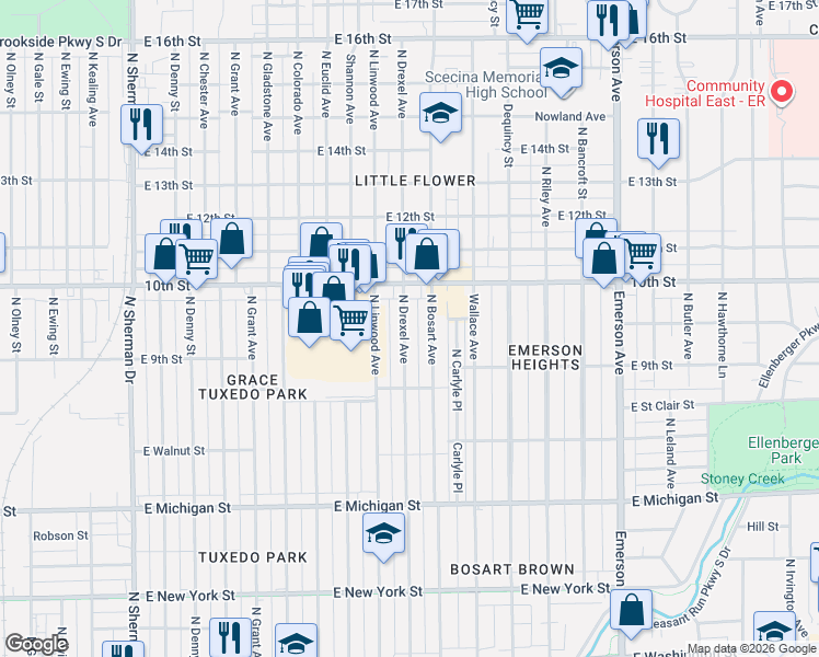 map of restaurants, bars, coffee shops, grocery stores, and more near 934 North Bosart Avenue in Indianapolis