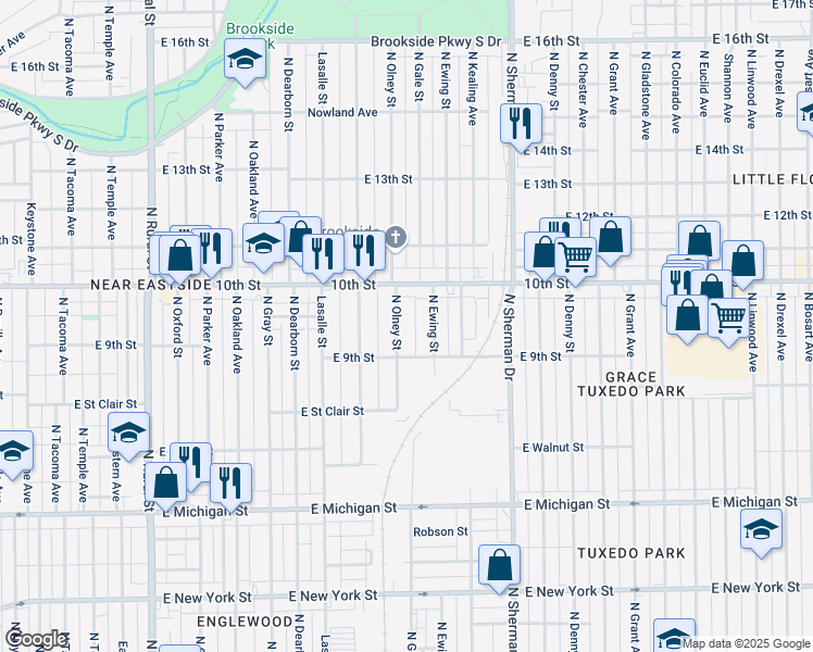 map of restaurants, bars, coffee shops, grocery stores, and more near 924 North Ewing Street in Indianapolis