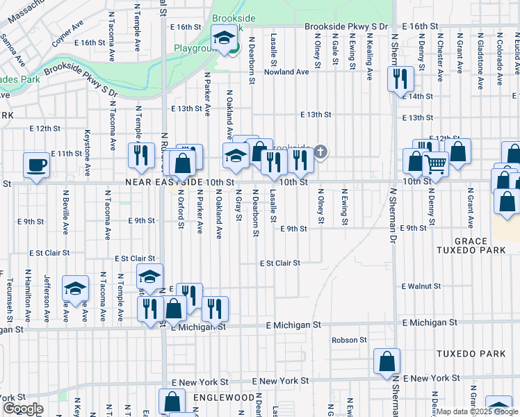 map of restaurants, bars, coffee shops, grocery stores, and more near 933 North Dearborn Street in Indianapolis