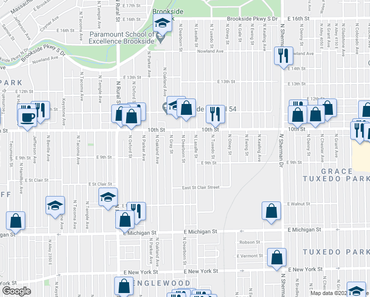 map of restaurants, bars, coffee shops, grocery stores, and more near 933 North Dearborn Street in Indianapolis
