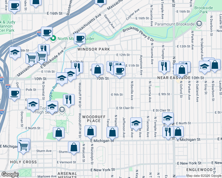 map of restaurants, bars, coffee shops, grocery stores, and more near 921 Tecumseh Street in Indianapolis