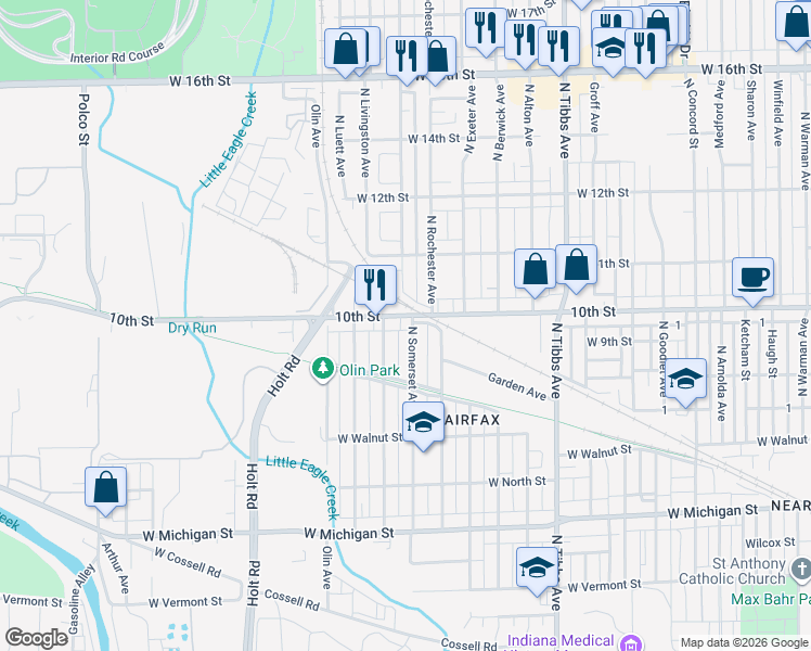 map of restaurants, bars, coffee shops, grocery stores, and more near 967 North Somerset Avenue in Indianapolis