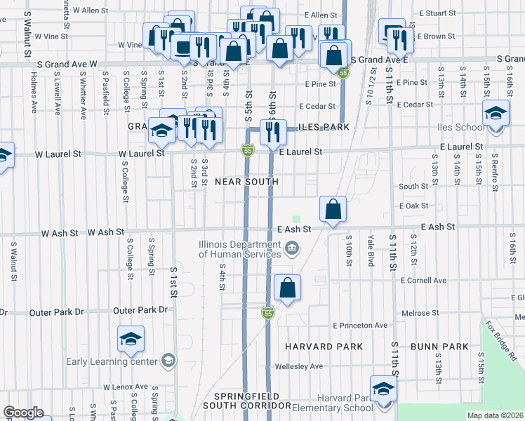 map of restaurants, bars, coffee shops, grocery stores, and more near 2021 South 6th Street in Springfield