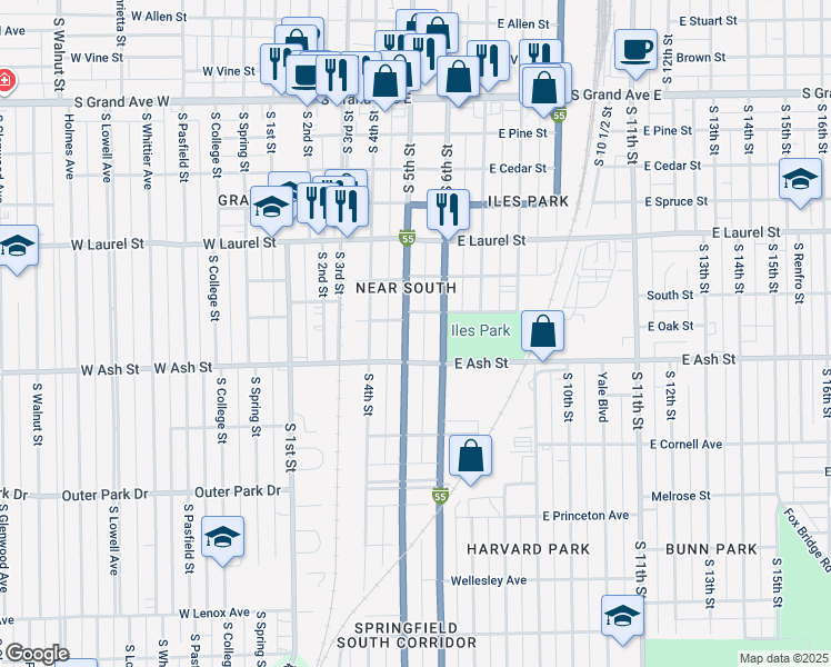 map of restaurants, bars, coffee shops, grocery stores, and more near 2021 South 6th Street in Springfield
