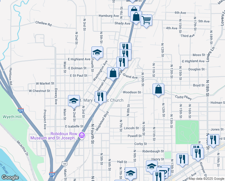 map of restaurants, bars, coffee shops, grocery stores, and more near 1825 Saint Joseph Avenue in Saint Joseph