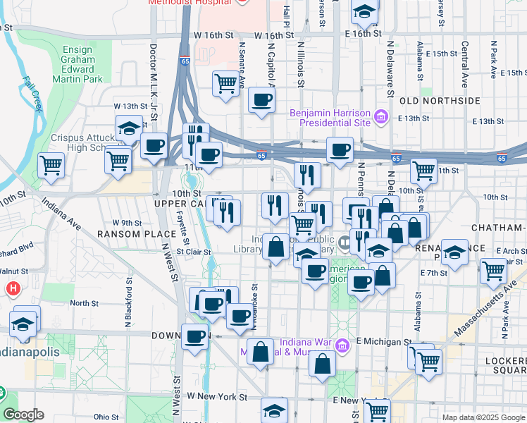 map of restaurants, bars, coffee shops, grocery stores, and more near 902 North Capitol Avenue in Indianapolis
