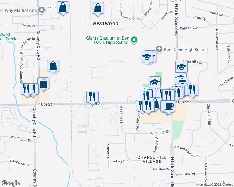 map of restaurants, bars, coffee shops, grocery stores, and more near 7700 West 10th Street in Indianapolis