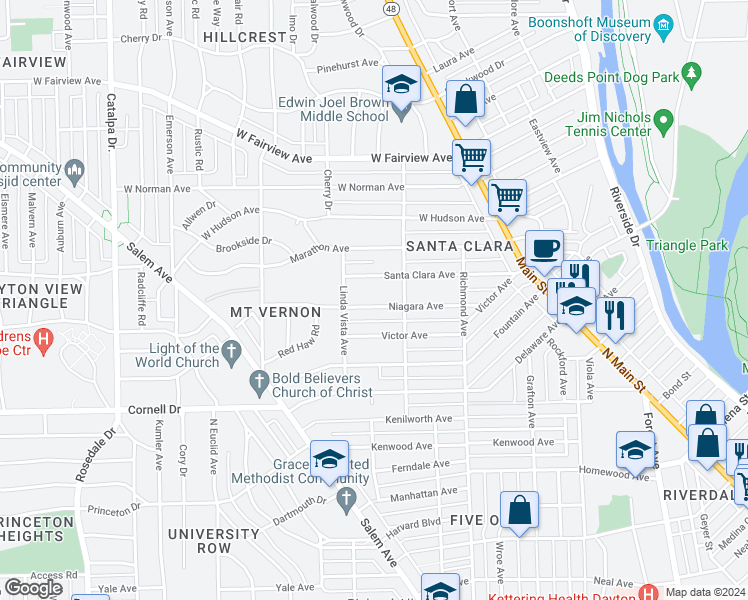 map of restaurants, bars, coffee shops, grocery stores, and more near 235 Niagara Avenue in Dayton