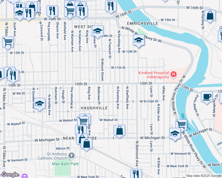 map of restaurants, bars, coffee shops, grocery stores, and more near 957 North Tremont Street in Indianapolis
