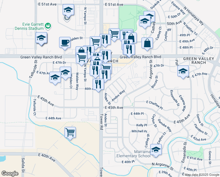 map of restaurants, bars, coffee shops, grocery stores, and more near 14129 East 45 th Place in Denver