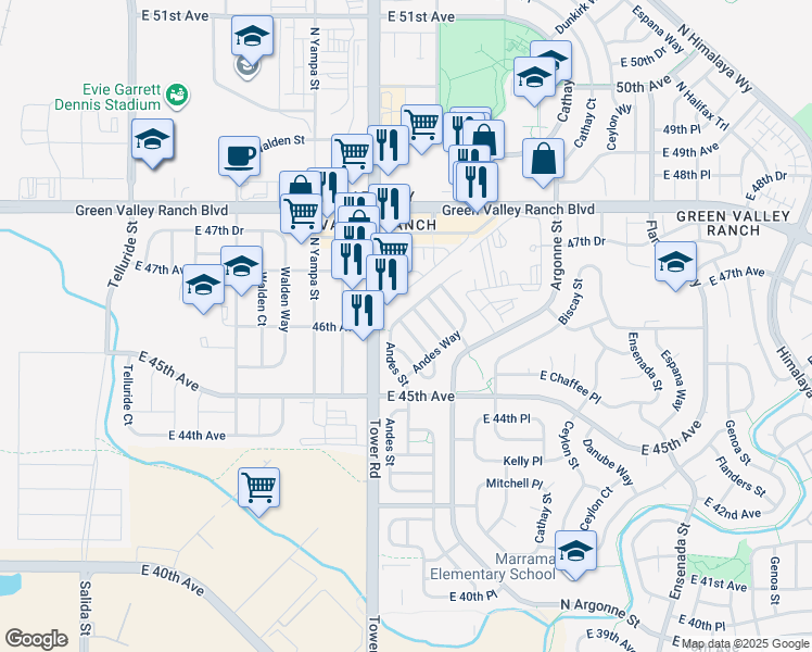 map of restaurants, bars, coffee shops, grocery stores, and more near 14105 East 45 th Place in Denver