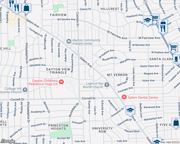 map of restaurants, bars, coffee shops, grocery stores, and more near 1720 Manor Place in Dayton