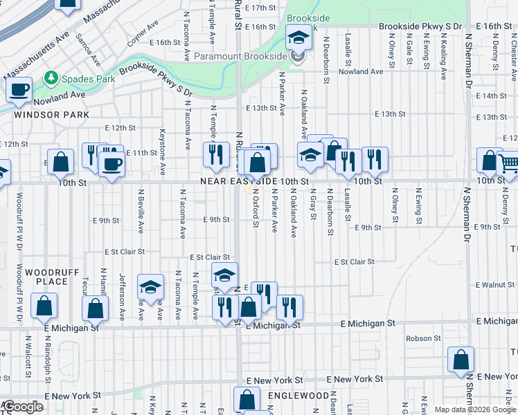 map of restaurants, bars, coffee shops, grocery stores, and more near 919 North Oxford Street in Indianapolis