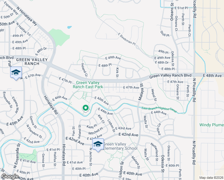 map of restaurants, bars, coffee shops, grocery stores, and more near 20634 East 47th Avenue in Denver