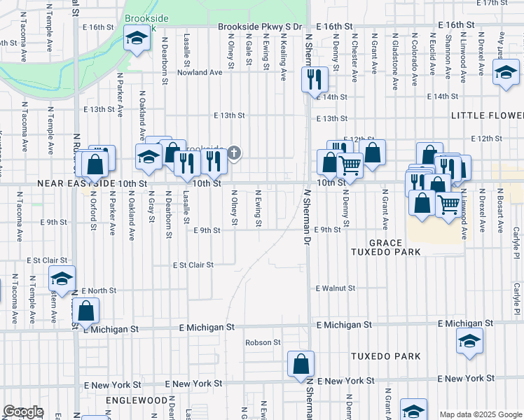 map of restaurants, bars, coffee shops, grocery stores, and more near 930 North Kealing Avenue in Indianapolis