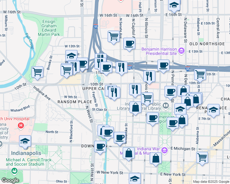 map of restaurants, bars, coffee shops, grocery stores, and more near 914 North Senate Avenue in Indianapolis