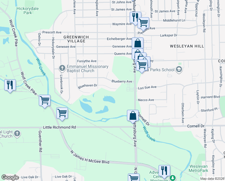 map of restaurants, bars, coffee shops, grocery stores, and more near 4424 Bluehaven Drive in Dayton